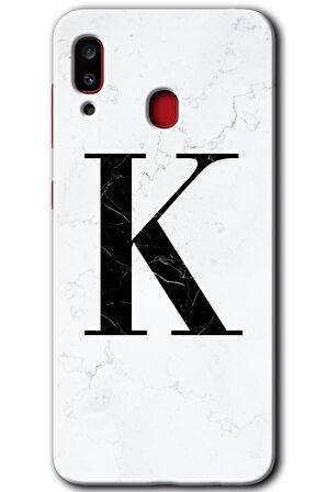 Galaxy A20 Kılıf HD Desen Baskılı Arka Kapak - Beyaz Mermer Desenli K Harfi 