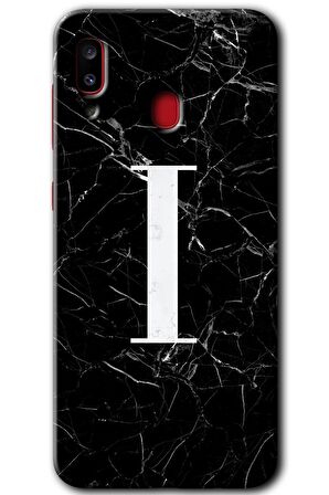 Galaxy A20 Kılıf HD Desen Baskılı Arka Kapak - Siyah Mermer Desenli I Harfi 