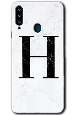 Galaxy A20s Kılıf HD Desen Baskılı Arka Kapak - Beyaz Mermer Desenli H Harfi 