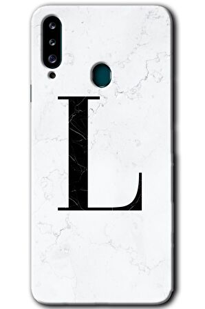 Galaxy A20s Kılıf HD Desen Baskılı Arka Kapak - Beyaz Mermer Desenli L Harfi 