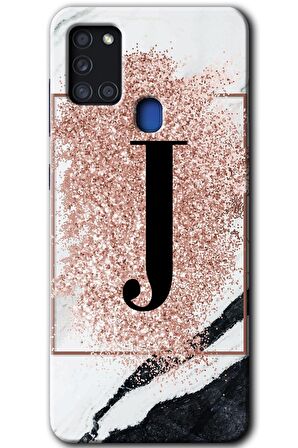 Galaxy A21s Kılıf HD Desen Baskılı Arka Kapak - Pembe Mermer Desenli J Harfi 