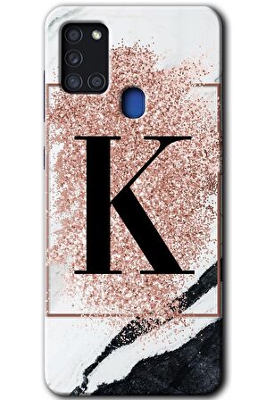 Galaxy A21s Kılıf HD Desen Baskılı Arka Kapak - Pembe Mermer Desenli K Harfi 