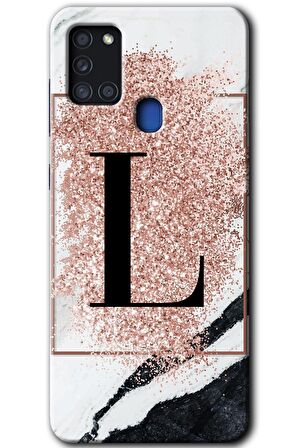 Galaxy A21s Kılıf HD Desen Baskılı Arka Kapak - Pembe Mermer Desenli L Harfi 