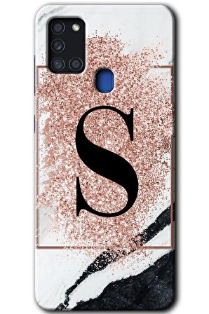 Galaxy A21s Kılıf HD Desen Baskılı Arka Kapak - Pembe Mermer Desenli S Harfi 