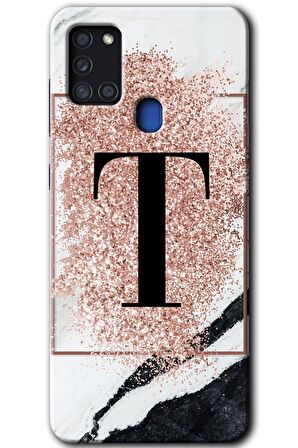 Galaxy A21s Kılıf HD Desen Baskılı Arka Kapak - Pembe Mermer Desenli T Harfi 