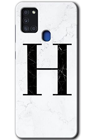 Galaxy A21s Kılıf HD Desen Baskılı Arka Kapak - Beyaz Mermer Desenli H Harfi 