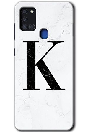 Galaxy A21s Kılıf HD Desen Baskılı Arka Kapak - Beyaz Mermer Desenli K Harfi 