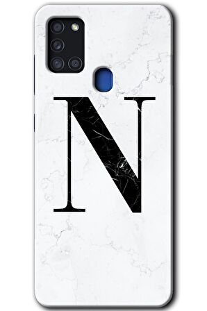 Galaxy A21s Kılıf HD Desen Baskılı Arka Kapak - Beyaz Mermer Desenli N Harfi 