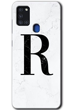 Galaxy A21s Kılıf HD Desen Baskılı Arka Kapak - Beyaz Mermer Desenli R Harfi 
