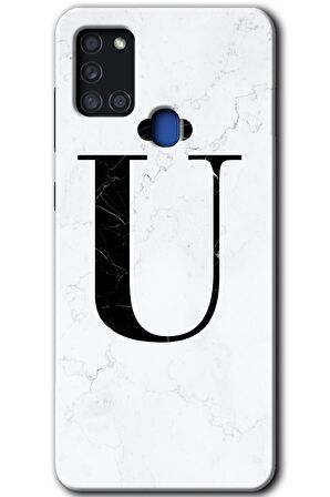 Galaxy A21s Kılıf HD Desen Baskılı Arka Kapak - Beyaz Mermer Desenli Ü Harfi 