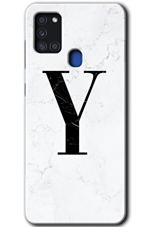 Galaxy A21s Kılıf HD Desen Baskılı Arka Kapak - Beyaz Mermer Desenli Y Harfi 