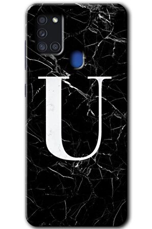 Galaxy A21s Kılıf HD Desen Baskılı Arka Kapak - Siyah Mermer Desenli U Harfi 