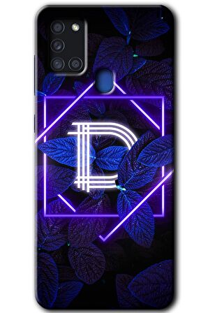 Galaxy A21s Kılıf HD Desen Baskılı Arka Kapak - Dark Neon Yaprak D Harfi 