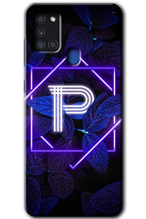 Galaxy A21s Kılıf HD Desen Baskılı Arka Kapak - Dark Neon Yaprak P Harfi 