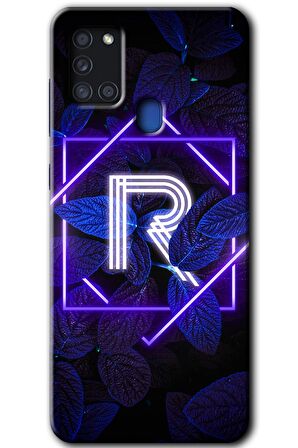 Galaxy A21s Kılıf HD Desen Baskılı Arka Kapak - Dark Neon Yaprak R Harfi 