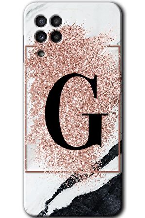 Galaxy A22 Kılıf HD Desen Baskılı Arka Kapak - Pembe Mermer Desenli G Harfi 