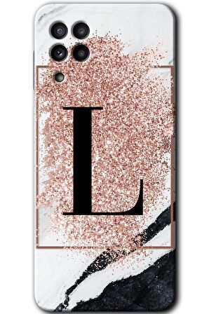 Galaxy A22 Kılıf HD Desen Baskılı Arka Kapak - Pembe Mermer Desenli L Harfi 