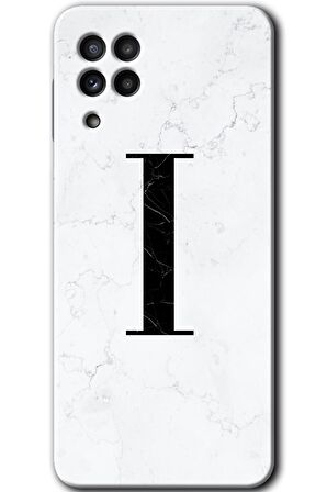Galaxy A22 Kılıf HD Desen Baskılı Arka Kapak - Beyaz Mermer Desenli I Harfi 