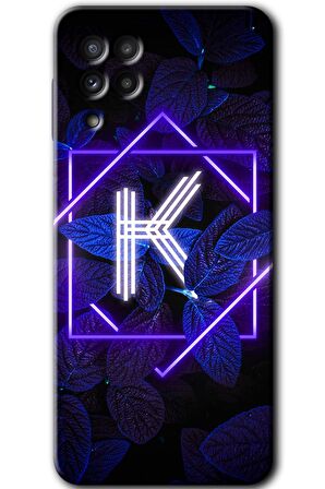 Galaxy A22 Kılıf HD Desen Baskılı Arka Kapak - Dark Neon Yaprak K Harfi 