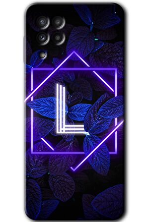 Galaxy A22 Kılıf HD Desen Baskılı Arka Kapak - Dark Neon Yaprak L Harfi 