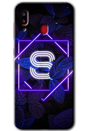 Galaxy A30 Kılıf HD Desen Baskılı Arka Kapak - Dark Neon Yaprak S Harfi 