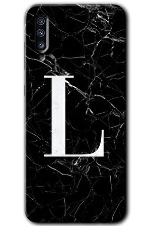 Galaxy A30s Kılıf HD Desen Baskılı Arka Kapak - Siyah Mermer Desenli L Harfi 