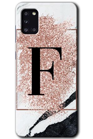 Galaxy A31 Kılıf HD Desen Baskılı Arka Kapak - Pembe Mermer Desenli F Harfi 