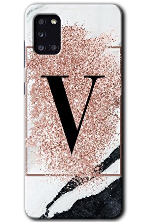 Galaxy A31 Kılıf HD Desen Baskılı Arka Kapak - Pembe Mermer Desenli V Harfi 