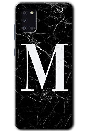 Galaxy A31 Kılıf HD Desen Baskılı Arka Kapak - Siyah Mermer Desenli M Harfi 