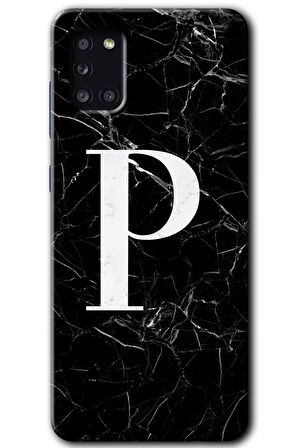 Galaxy A31 Kılıf HD Desen Baskılı Arka Kapak - Siyah Mermer Desenli P Harfi 
