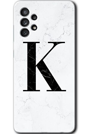 Galaxy A32 4G Kılıf HD Desen Baskılı Arka Kapak - Beyaz Mermer Desenli K Harfi 