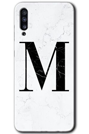 Galaxy A50 Kılıf HD Desen Baskılı Arka Kapak - Beyaz Mermer Desenli M Harfi 