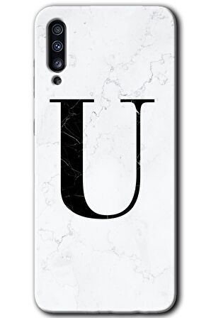 Galaxy A50 Kılıf HD Desen Baskılı Arka Kapak - Beyaz Mermer Desenli U Harfi 