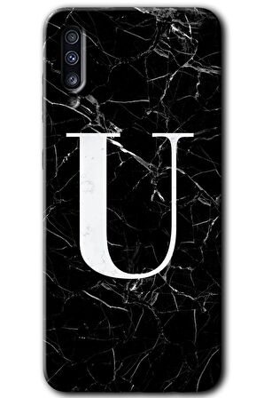 Galaxy A50 Kılıf HD Desen Baskılı Arka Kapak - Siyah Mermer Desenli U Harfi 