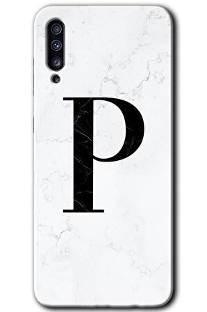Galaxy A50s Kılıf HD Desen Baskılı Arka Kapak - Beyaz Mermer Desenli P Harfi 
