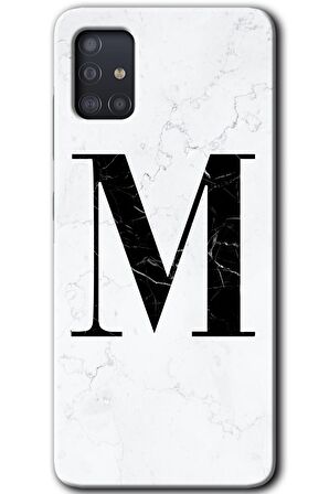 Galaxy A51 Kılıf HD Desen Baskılı Arka Kapak - Beyaz Mermer Desenli M Harfi 