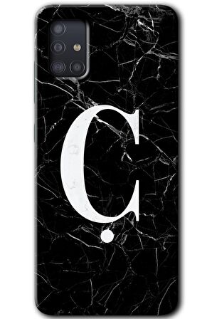 Galaxy A51 Kılıf HD Desen Baskılı Arka Kapak - Siyah Mermer Desenli Ç Harfi 