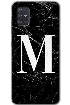 Galaxy A51 Kılıf HD Desen Baskılı Arka Kapak - Siyah Mermer Desenli M Harfi 