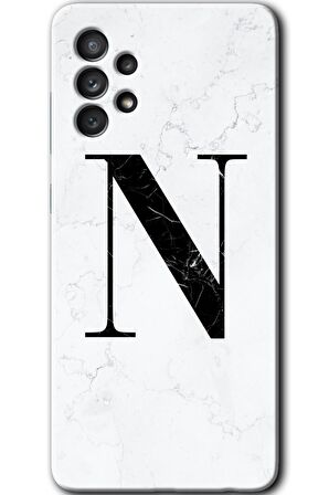 Galaxy A52 Kılıf HD Desen Baskılı Arka Kapak - Beyaz Mermer Desenli N Harfi 