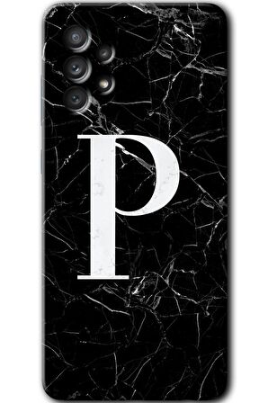 Galaxy A52 Kılıf HD Desen Baskılı Arka Kapak - Siyah Mermer Desenli P Harfi 