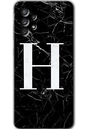 Galaxy A53 Kılıf HD Desen Baskılı Arka Kapak - Siyah Mermer Desenli H Harfi 