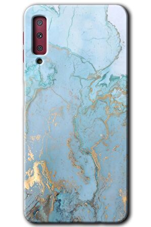 Galaxy A7 2018 Kılıf HD Desen Baskılı Arka Kapak - Mavi Gold Mermer 