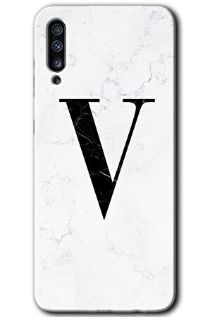 Galaxy A70 Kılıf HD Desen Baskılı Arka Kapak - Beyaz Mermer Desenli V Harfi 