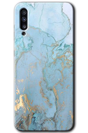 Galaxy A70s Kılıf HD Desen Baskılı Arka Kapak - Mavi Gold Mermer 