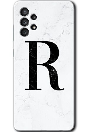 Galaxy A72 Kılıf HD Desen Baskılı Arka Kapak - Beyaz Mermer Desenli R Harfi 