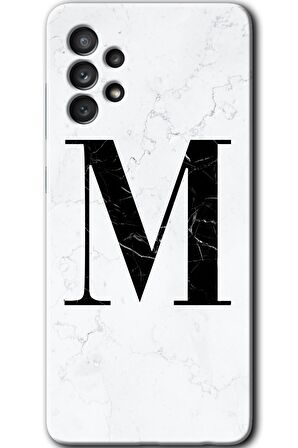 Galaxy A73 Kılıf HD Desen Baskılı Arka Kapak - Beyaz Mermer Desenli M Harfi 
