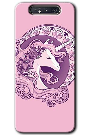 Galaxy A80 Kılıf HD Desen Baskılı Arka Kapak - Unicorn-Pembe 