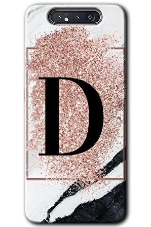 Galaxy A80 Kılıf HD Desen Baskılı Arka Kapak - Pembe Mermer Desenli D Harfi 
