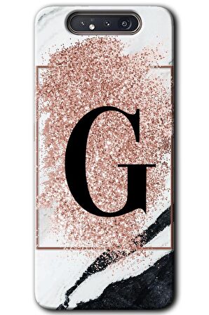 Galaxy A80 Kılıf HD Desen Baskılı Arka Kapak - Pembe Mermer Desenli G Harfi 