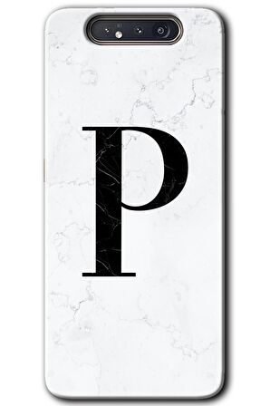 Galaxy A80 Kılıf HD Desen Baskılı Arka Kapak - Beyaz Mermer Desenli P Harfi 